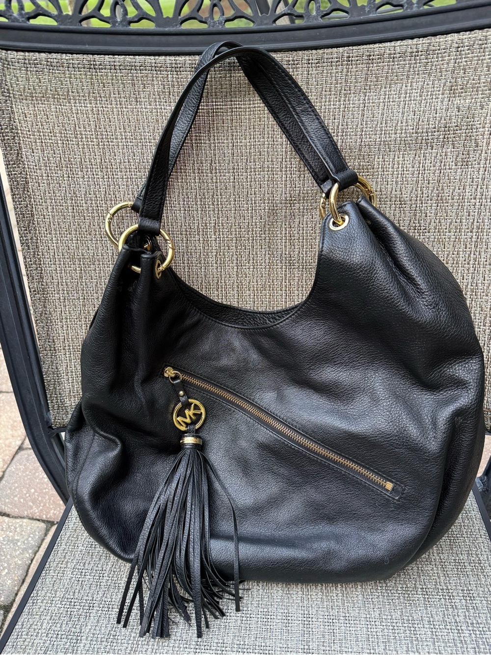 Michael Kors Black Pebbled Leather Hobo with Tassel and Gold Hardware